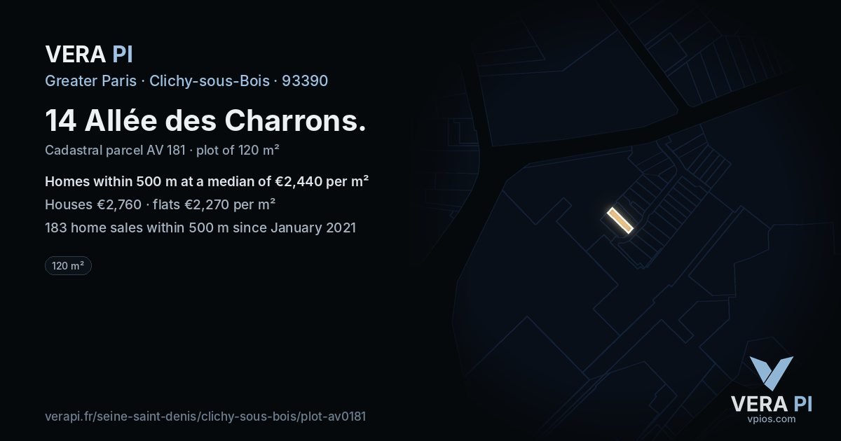 14 Allée des Charrons, Clichy-sous-Bois at night – the plot lit, the parcels around coloured by the prices near them