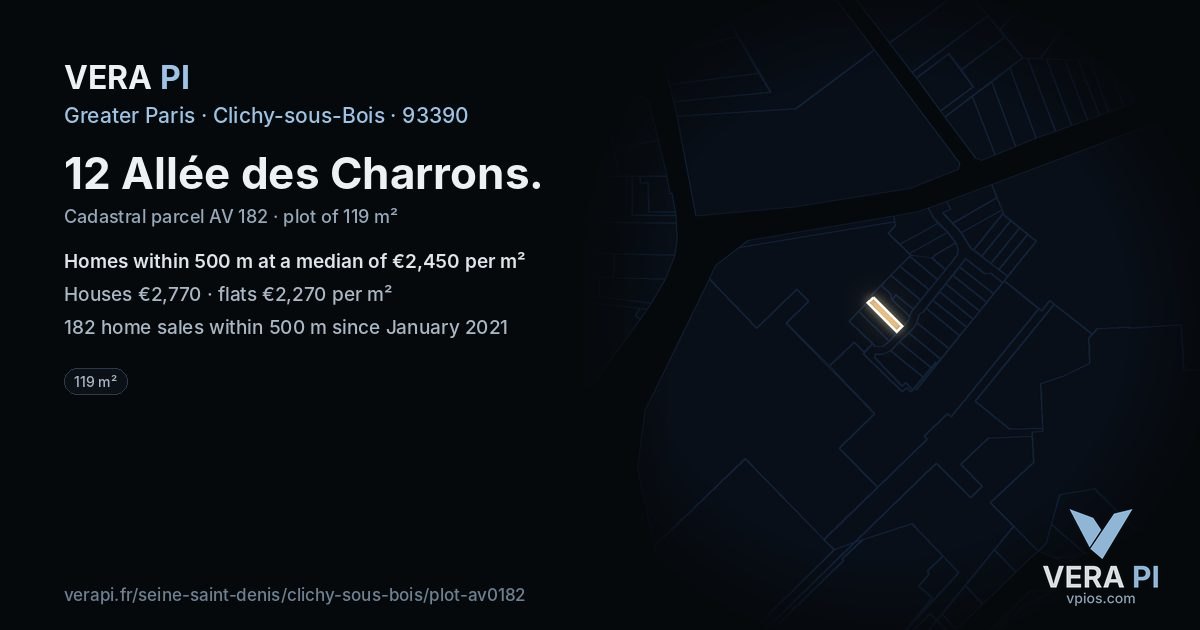 12 Allée des Charrons, Clichy-sous-Bois at night – the plot lit, the parcels around coloured by the prices near them