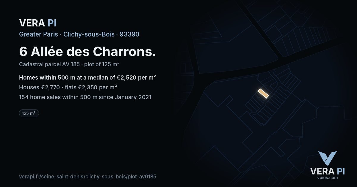6 Allée des Charrons, Clichy-sous-Bois at night – the plot lit, the parcels around coloured by the prices near them