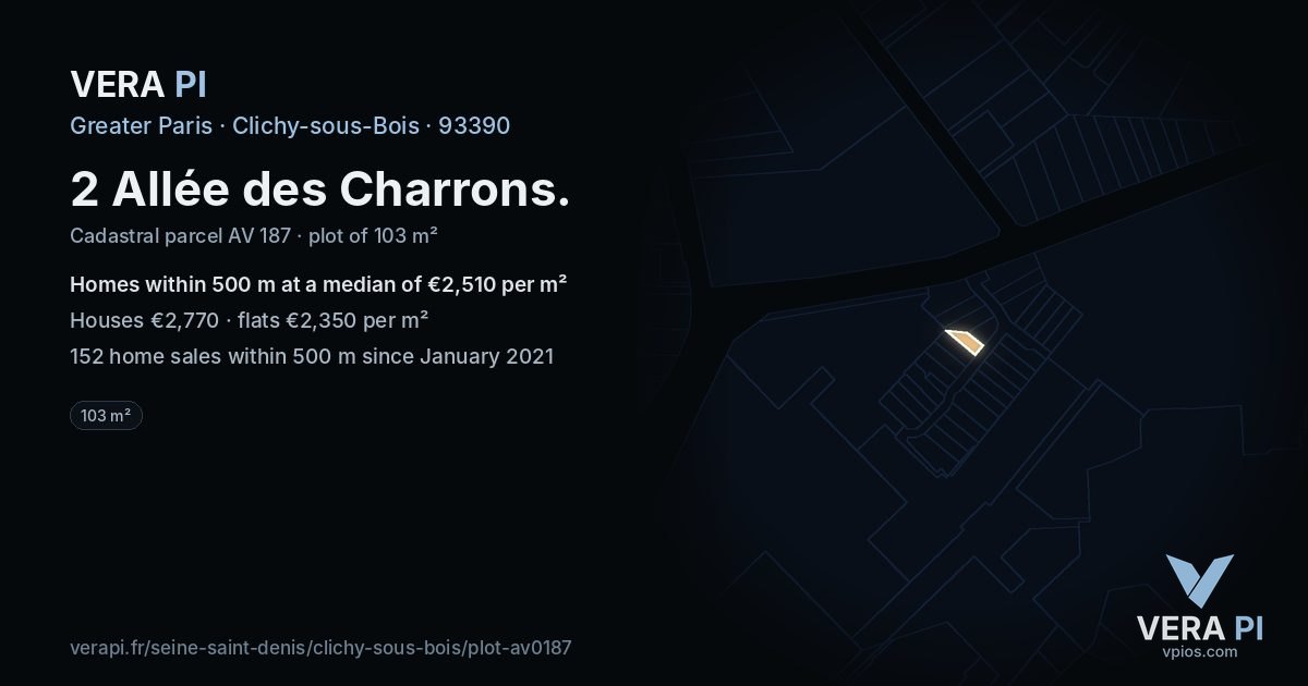 2 Allée des Charrons, Clichy-sous-Bois at night – the plot lit, the parcels around coloured by the prices near them