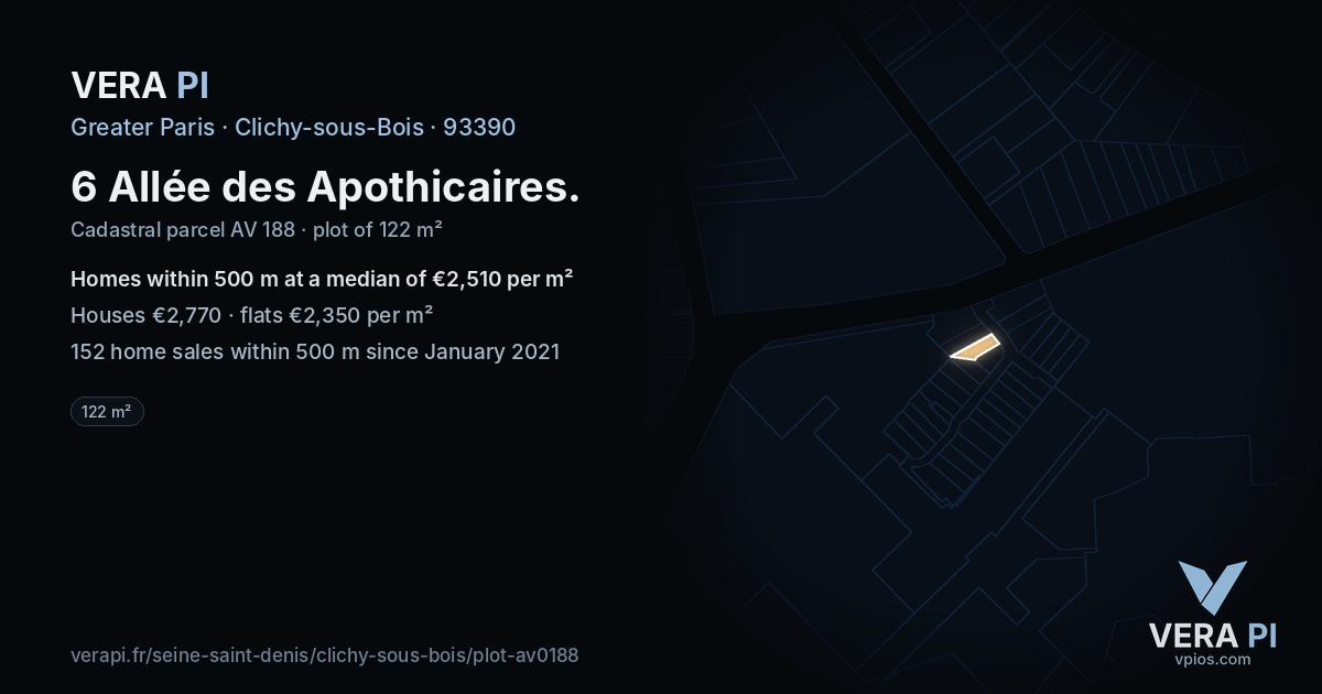 6 Allée des Apothicaires, Clichy-sous-Bois at night – the plot lit, the parcels around coloured by the prices near them