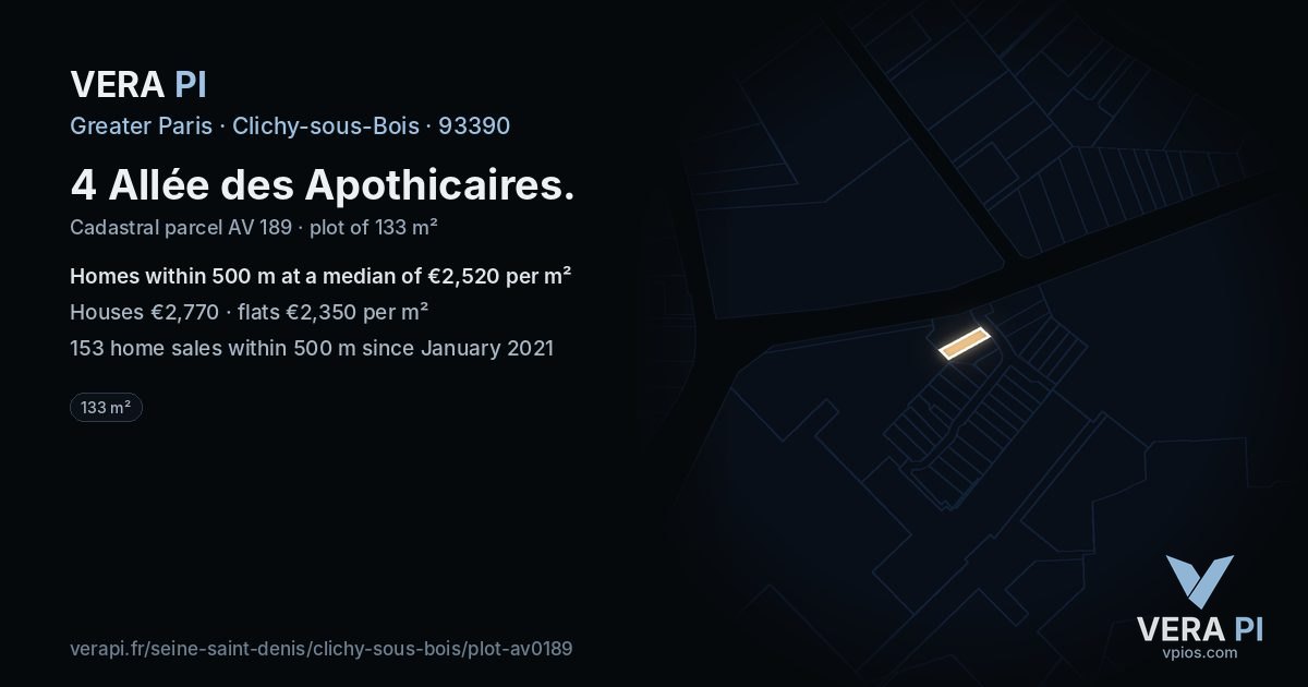 4 Allée des Apothicaires, Clichy-sous-Bois at night – the plot lit, the parcels around coloured by the prices near them