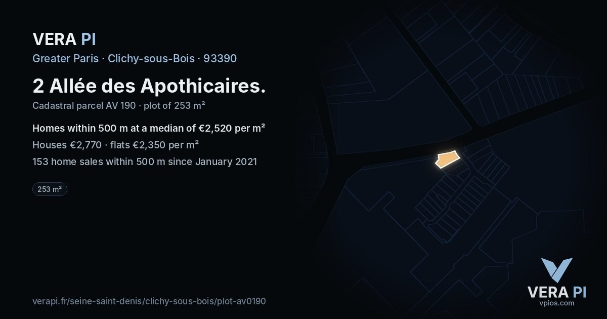 2 Allée des Apothicaires, Clichy-sous-Bois at night – the plot lit, the parcels around coloured by the prices near them