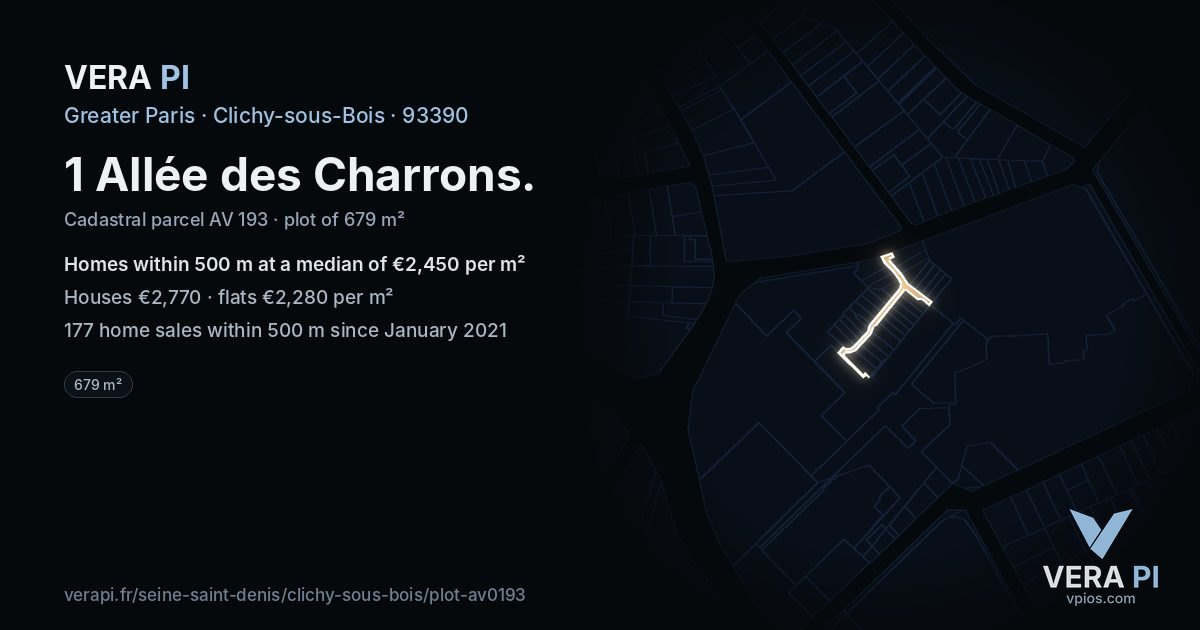 1 Allée des Charrons, Clichy-sous-Bois at night – the plot lit, the parcels around coloured by the prices near them