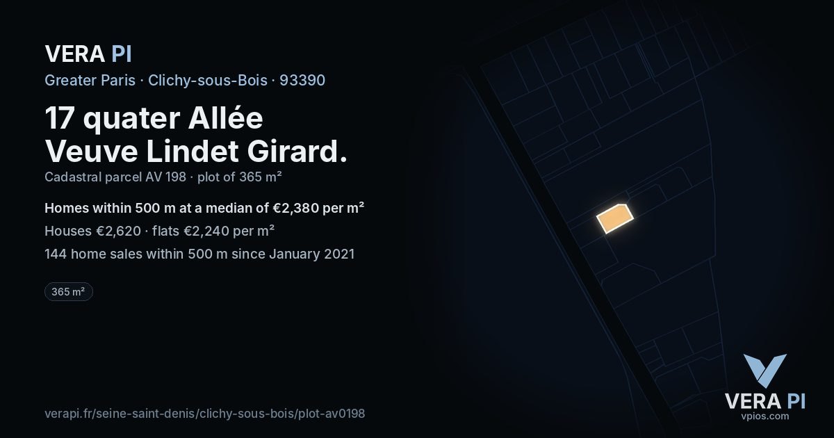 17 quater Allée Veuve Lindet Girard, Clichy-sous-Bois at night – the plot lit, the parcels around coloured by the prices near them
