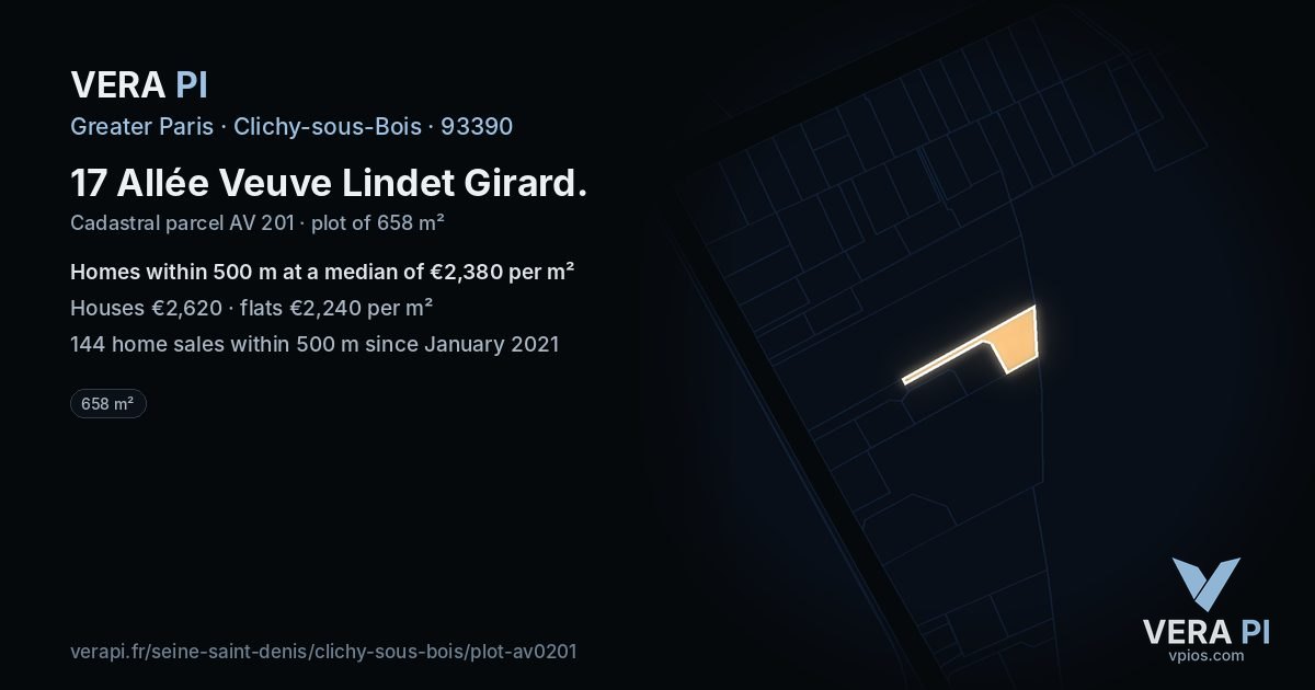 17 Allée Veuve Lindet Girard, Clichy-sous-Bois at night – the plot lit, the parcels around coloured by the prices near them