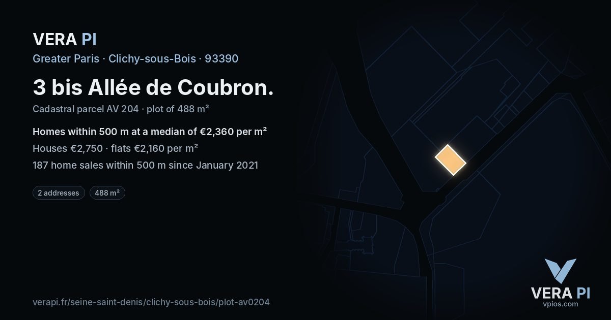 3 bis Allée de Coubron, Clichy-sous-Bois at night – the plot lit, the parcels around coloured by the prices near them