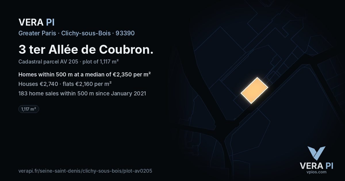 3 ter Allée de Coubron, Clichy-sous-Bois at night – the plot lit, the parcels around coloured by the prices near them