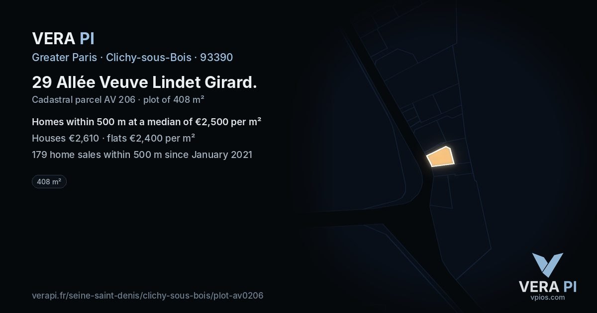 29 Allée Veuve Lindet Girard, Clichy-sous-Bois at night – the plot lit, the parcels around coloured by the prices near them