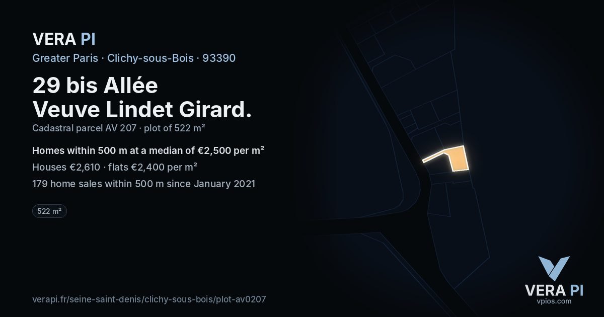 29 bis Allée Veuve Lindet Girard, Clichy-sous-Bois at night – the plot lit, the parcels around coloured by the prices near them