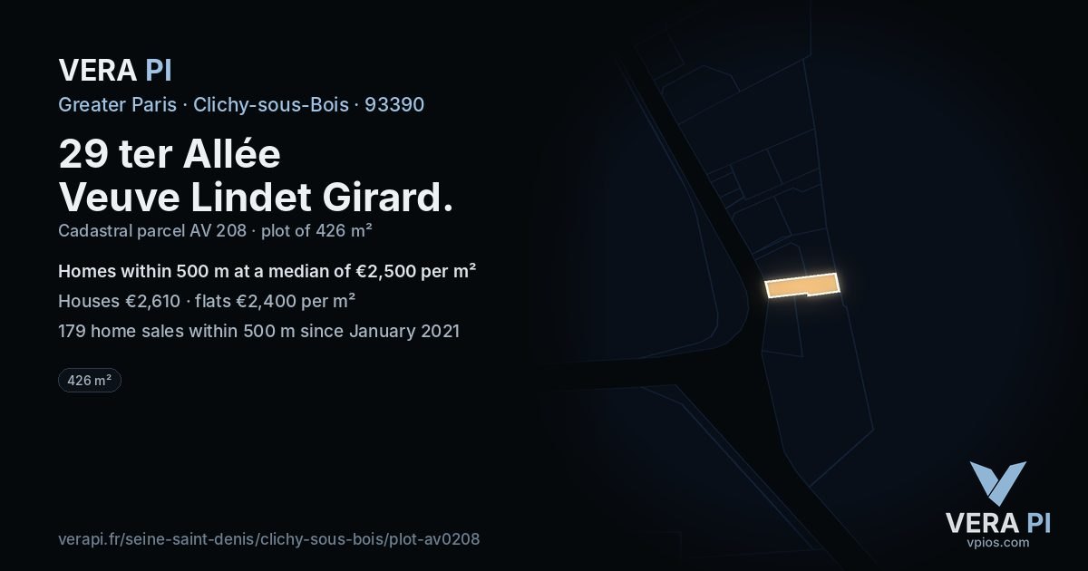 29 ter Allée Veuve Lindet Girard, Clichy-sous-Bois at night – the plot lit, the parcels around coloured by the prices near them