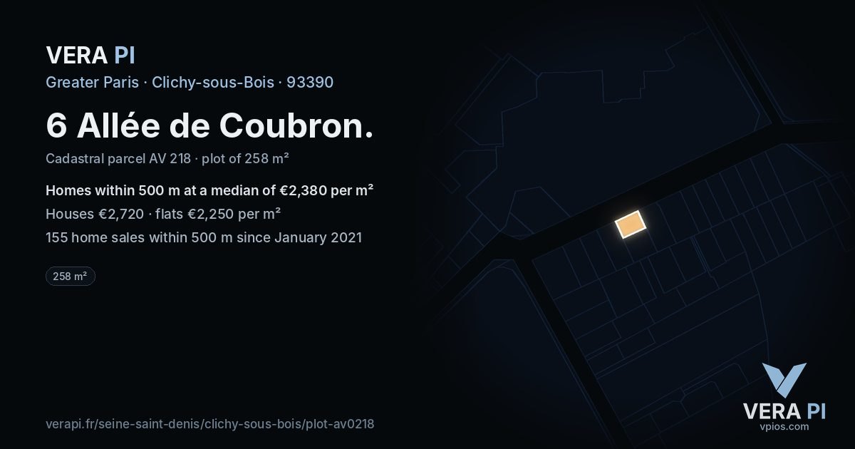 6 Allée de Coubron, Clichy-sous-Bois at night – the plot lit, the parcels around coloured by the prices near them