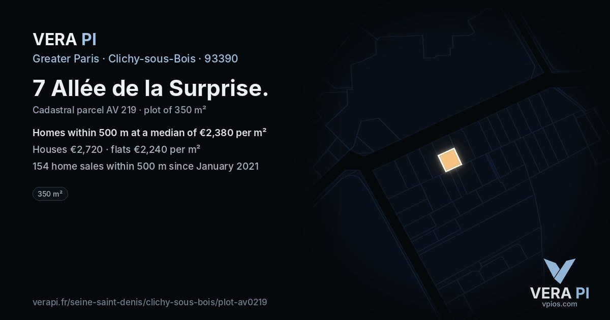 7 Allée de la Surprise, Clichy-sous-Bois at night – the plot lit, the parcels around coloured by the prices near them
