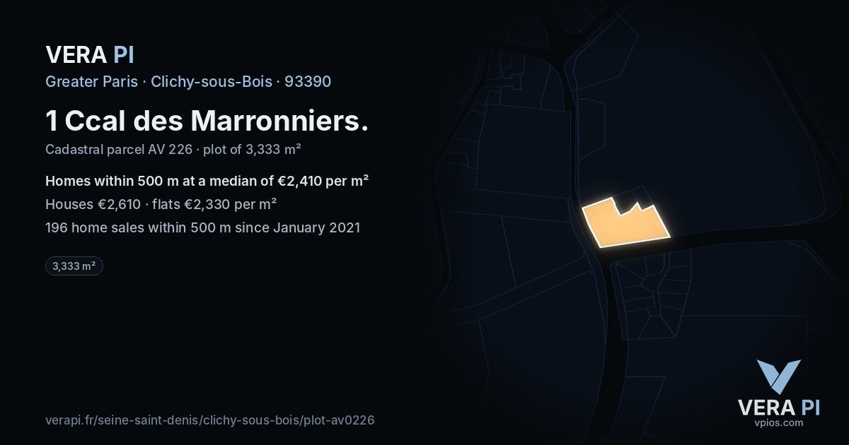 1 Ccal des Marronniers, Clichy-sous-Bois at night – the plot lit, the parcels around coloured by the prices near them