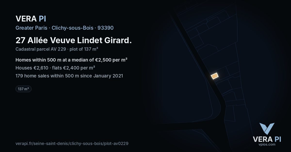 27 Allée Veuve Lindet Girard, Clichy-sous-Bois at night – the plot lit, the parcels around coloured by the prices near them