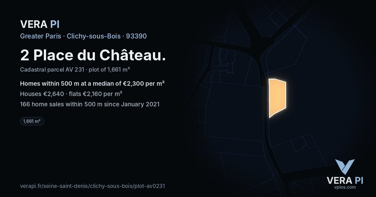 2 Place du Château, Clichy-sous-Bois at night – the plot lit, the parcels around coloured by the prices near them