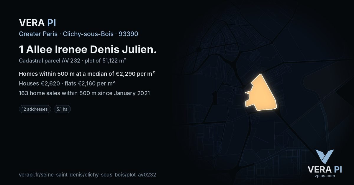 1 Allee Irenee Denis Julien, Clichy-sous-Bois at night – the plot lit, the parcels around coloured by the prices near them