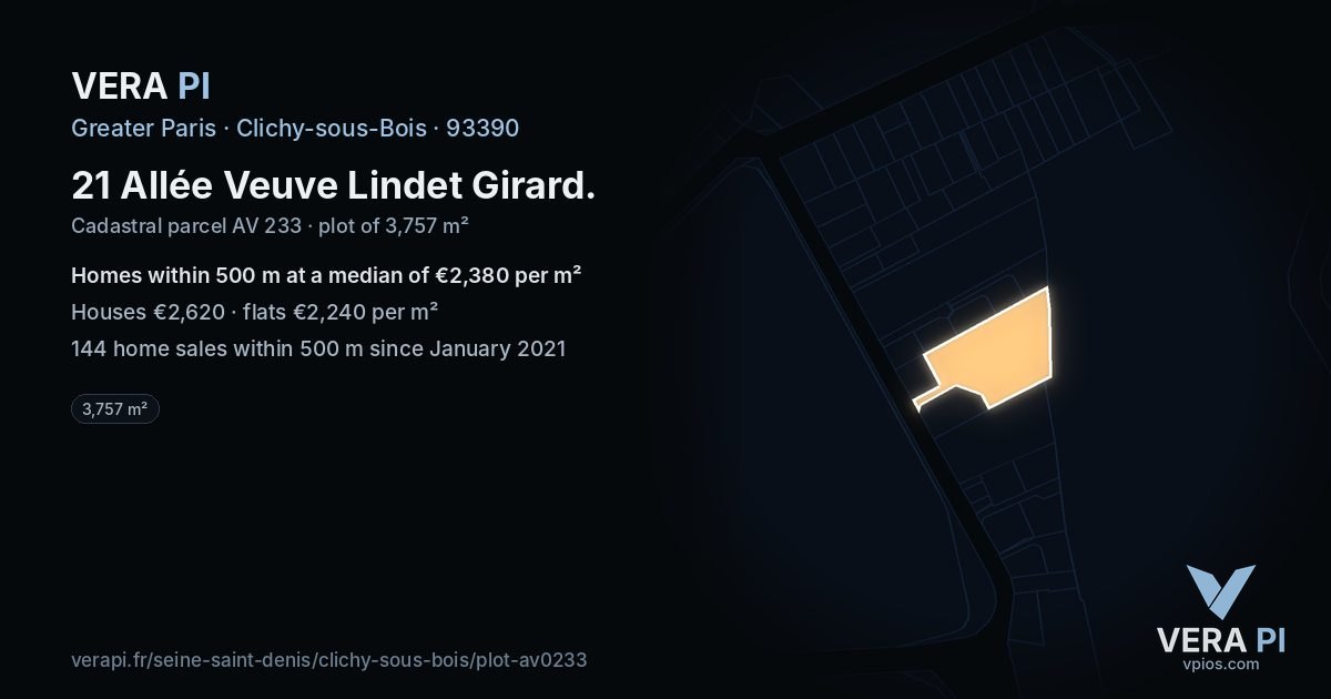 21 Allée Veuve Lindet Girard, Clichy-sous-Bois at night – the plot lit, the parcels around coloured by the prices near them
