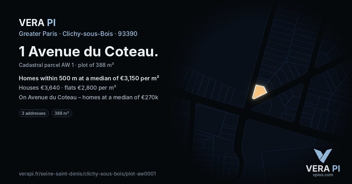 1 Avenue du Coteau, Clichy-sous-Bois at night – the plot lit, the parcels around coloured by the prices near them