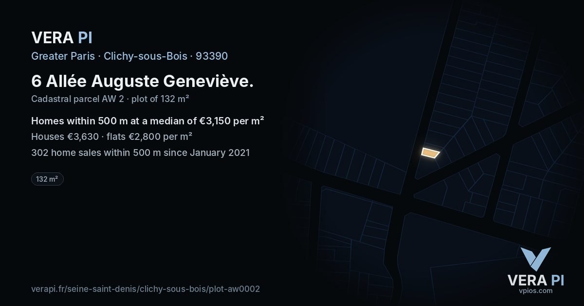 6 Allée Auguste Geneviève, Clichy-sous-Bois at night – the plot lit, the parcels around coloured by the prices near them