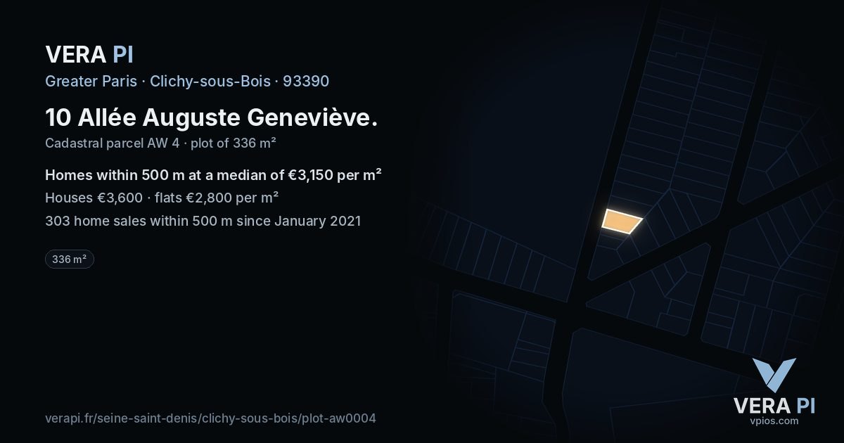 10 Allée Auguste Geneviève, Clichy-sous-Bois at night – the plot lit, the parcels around coloured by the prices near them
