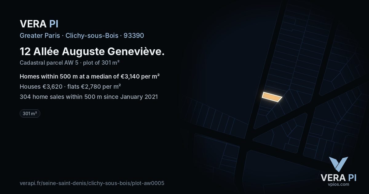 12 Allée Auguste Geneviève, Clichy-sous-Bois at night – the plot lit, the parcels around coloured by the prices near them