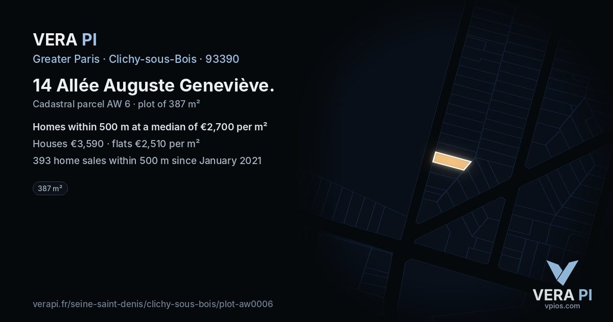 14 Allée Auguste Geneviève, Clichy-sous-Bois at night – the plot lit, the parcels around coloured by the prices near them