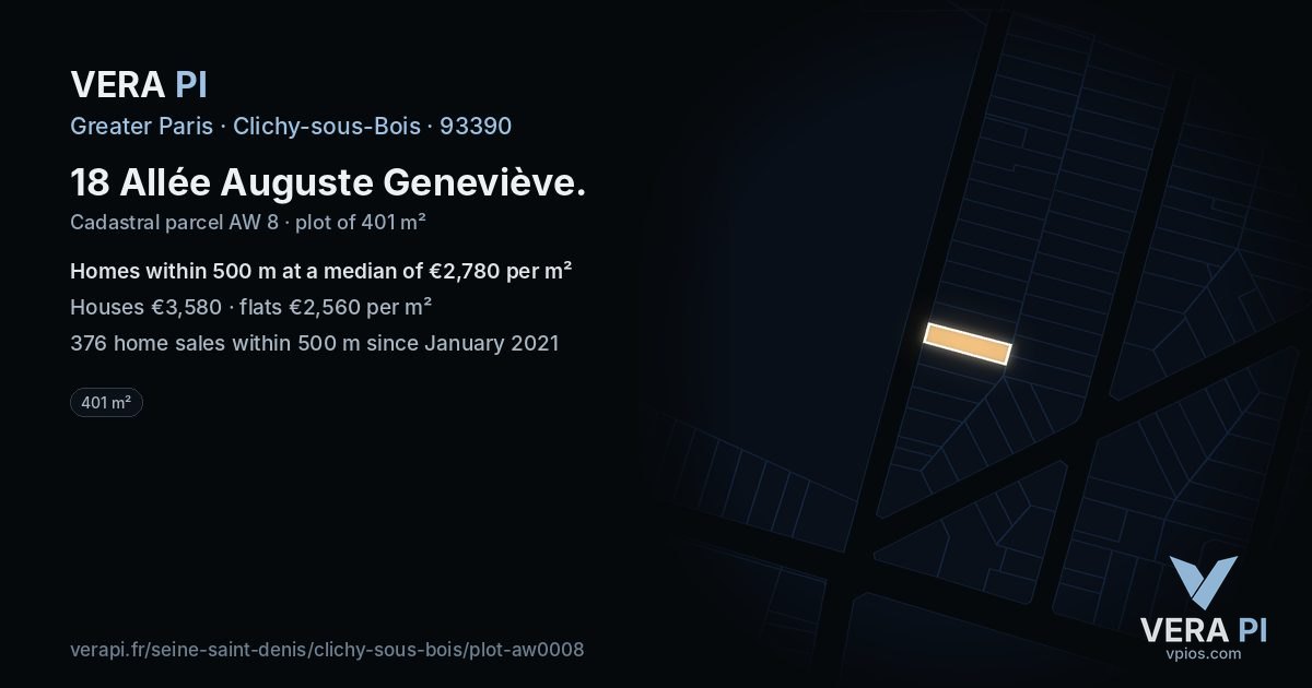 18 Allée Auguste Geneviève, Clichy-sous-Bois at night – the plot lit, the parcels around coloured by the prices near them