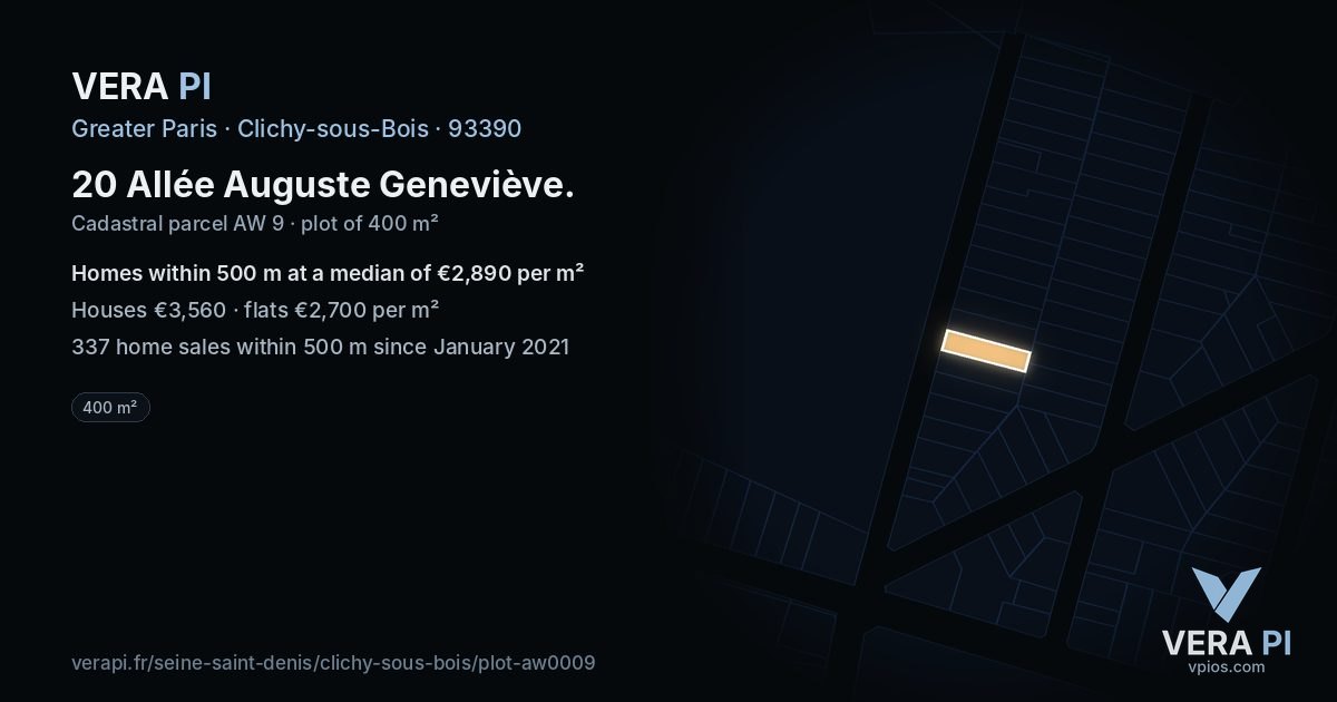 20 Allée Auguste Geneviève, Clichy-sous-Bois at night – the plot lit, the parcels around coloured by the prices near them