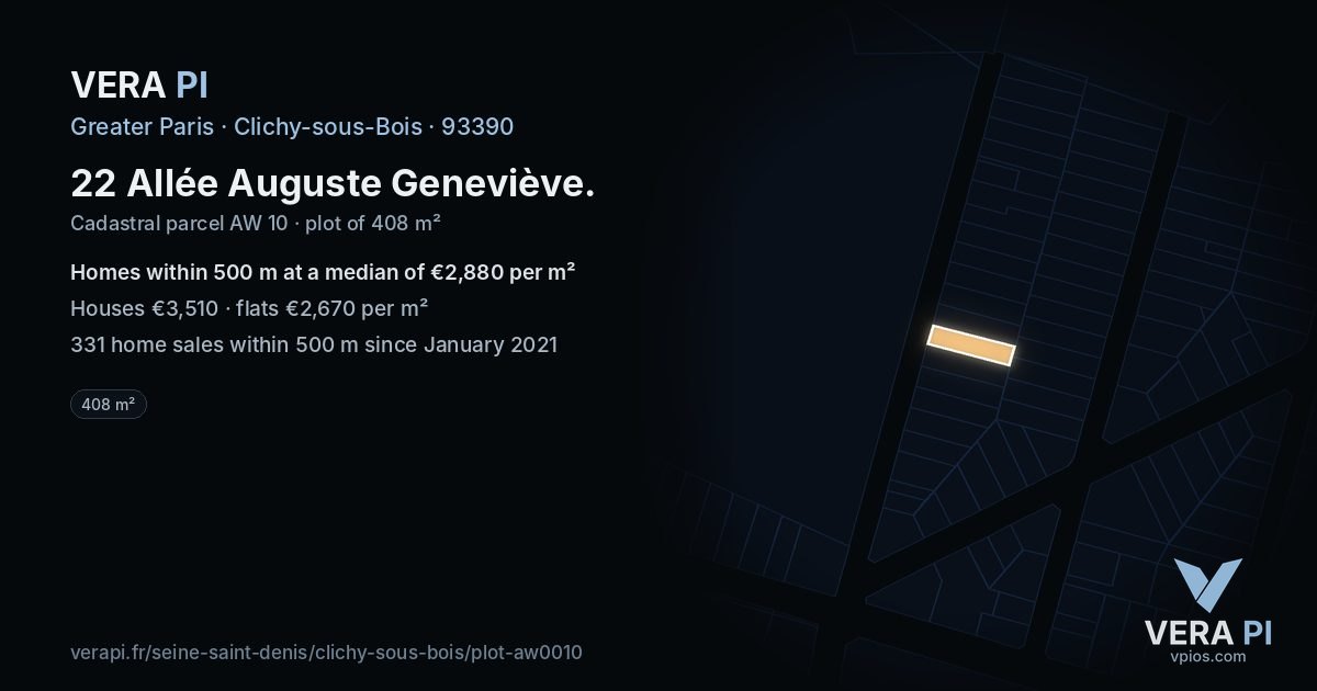 22 Allée Auguste Geneviève, Clichy-sous-Bois at night – the plot lit, the parcels around coloured by the prices near them