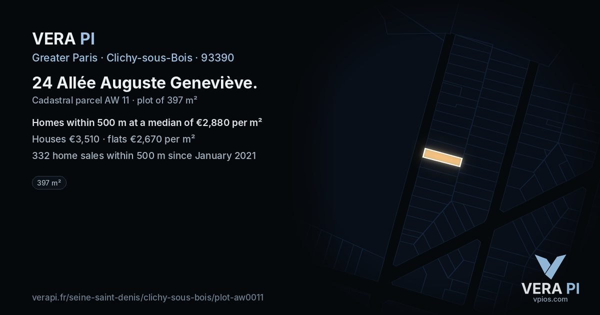 24 Allée Auguste Geneviève, Clichy-sous-Bois at night – the plot lit, the parcels around coloured by the prices near them