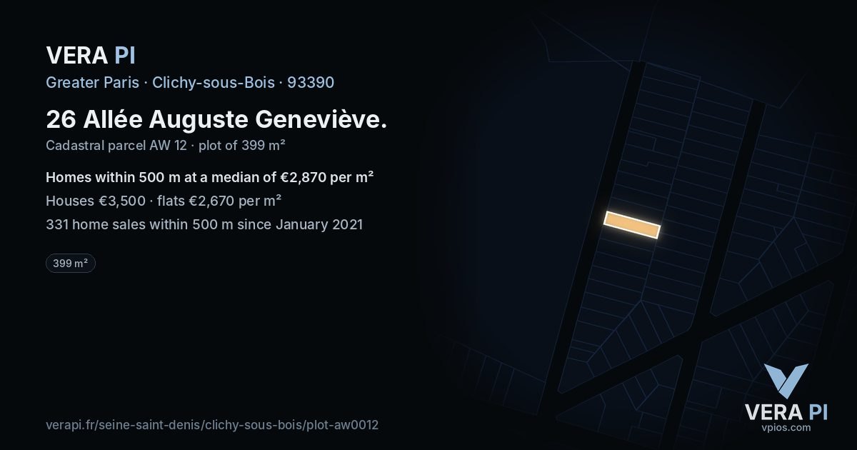 26 Allée Auguste Geneviève, Clichy-sous-Bois at night – the plot lit, the parcels around coloured by the prices near them