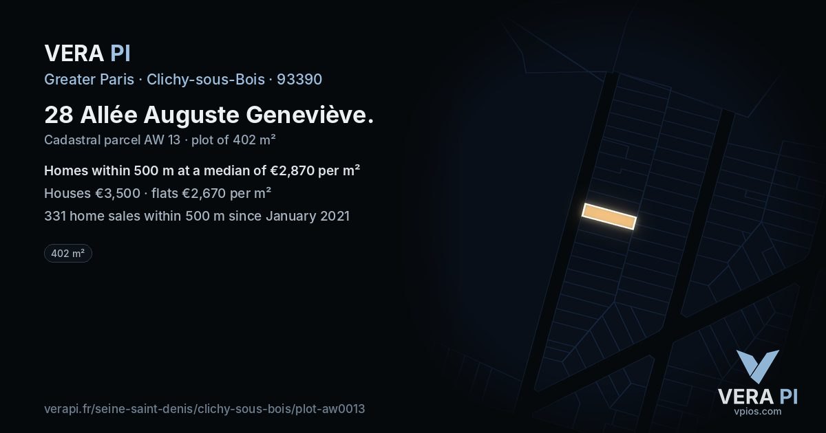 28 Allée Auguste Geneviève, Clichy-sous-Bois at night – the plot lit, the parcels around coloured by the prices near them