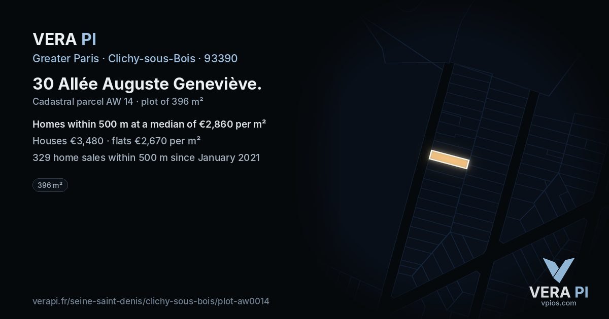 30 Allée Auguste Geneviève, Clichy-sous-Bois at night – the plot lit, the parcels around coloured by the prices near them