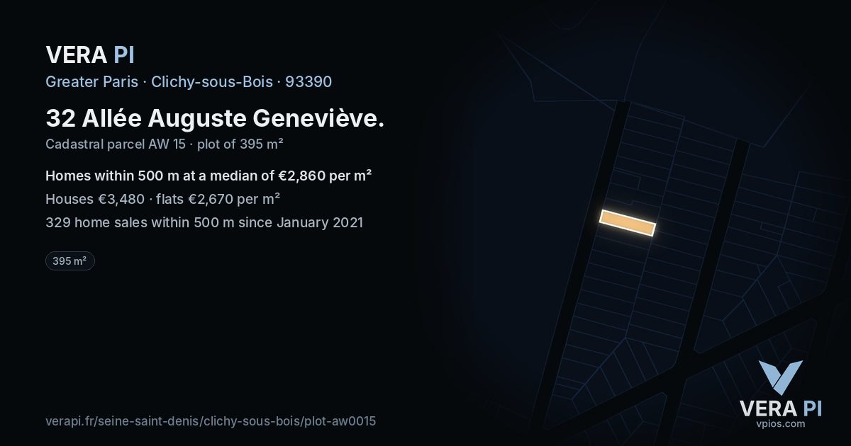 32 Allée Auguste Geneviève, Clichy-sous-Bois at night – the plot lit, the parcels around coloured by the prices near them