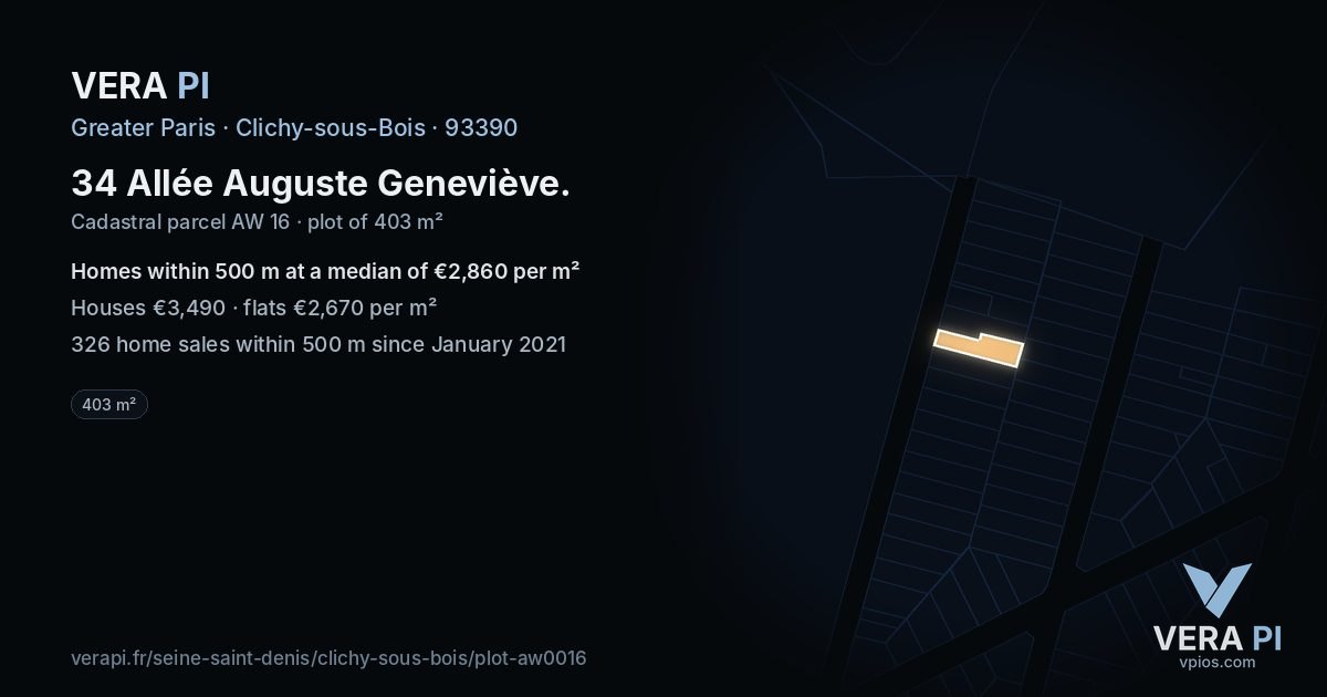 34 Allée Auguste Geneviève, Clichy-sous-Bois at night – the plot lit, the parcels around coloured by the prices near them