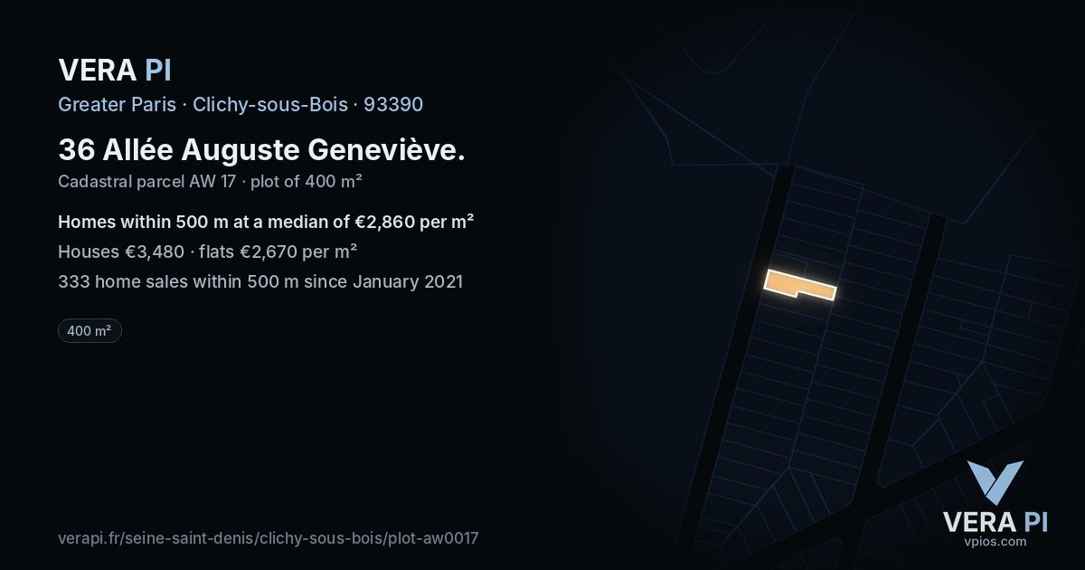 36 Allée Auguste Geneviève, Clichy-sous-Bois at night – the plot lit, the parcels around coloured by the prices near them
