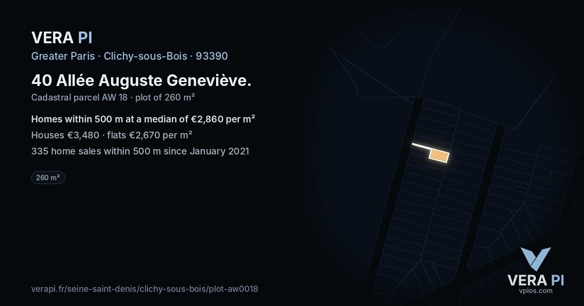 40 Allée Auguste Geneviève, Clichy-sous-Bois at night – the plot lit, the parcels around coloured by the prices near them