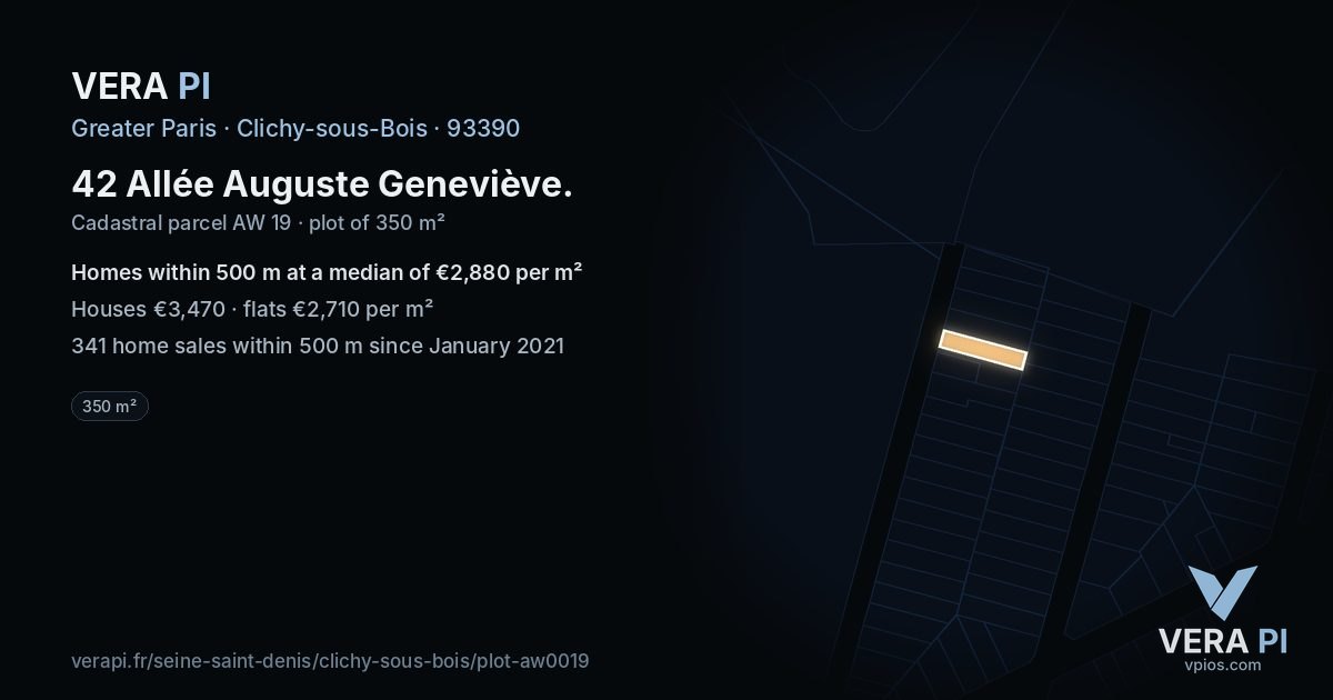 42 Allée Auguste Geneviève, Clichy-sous-Bois at night – the plot lit, the parcels around coloured by the prices near them