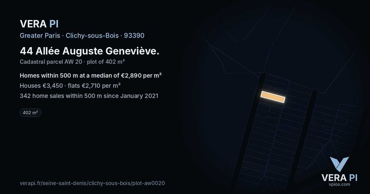 44 Allée Auguste Geneviève, Clichy-sous-Bois at night – the plot lit, the parcels around coloured by the prices near them