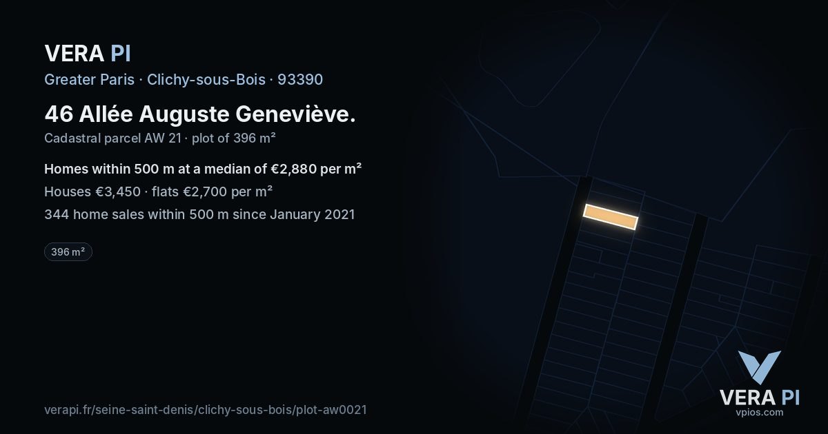 46 Allée Auguste Geneviève, Clichy-sous-Bois at night – the plot lit, the parcels around coloured by the prices near them
