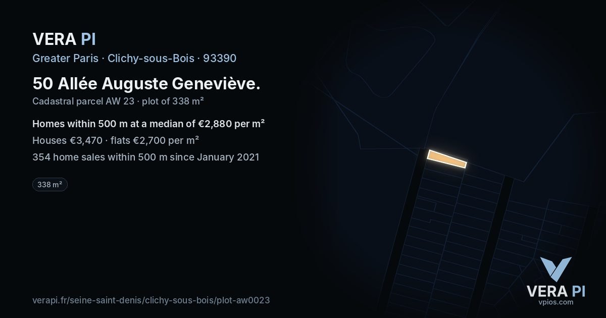 50 Allée Auguste Geneviève, Clichy-sous-Bois at night – the plot lit, the parcels around coloured by the prices near them