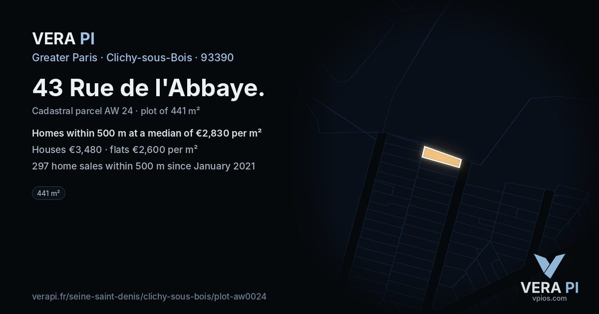 43 Rue de l'Abbaye, Clichy-sous-Bois at night – the plot lit, the parcels around coloured by the prices near them