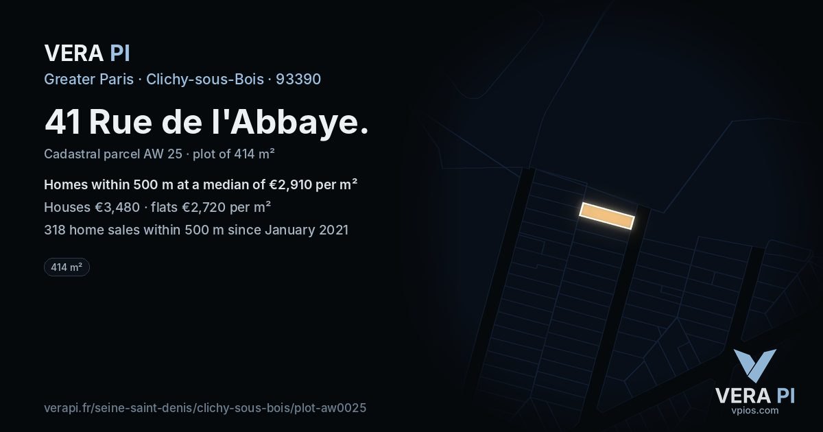 41 Rue de l'Abbaye, Clichy-sous-Bois at night – the plot lit, the parcels around coloured by the prices near them