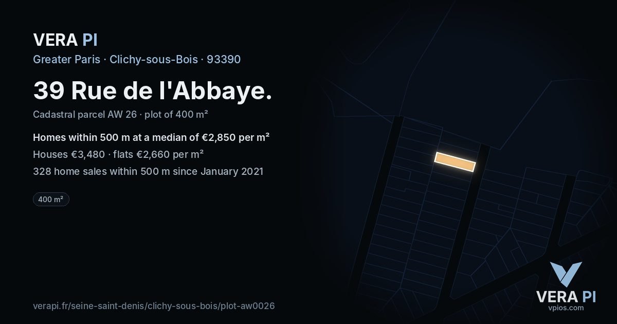 39 Rue de l'Abbaye, Clichy-sous-Bois at night – the plot lit, the parcels around coloured by the prices near them