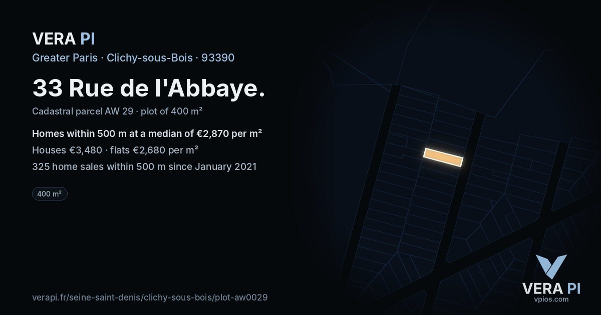 33 Rue de l'Abbaye, Clichy-sous-Bois at night – the plot lit, the parcels around coloured by the prices near them
