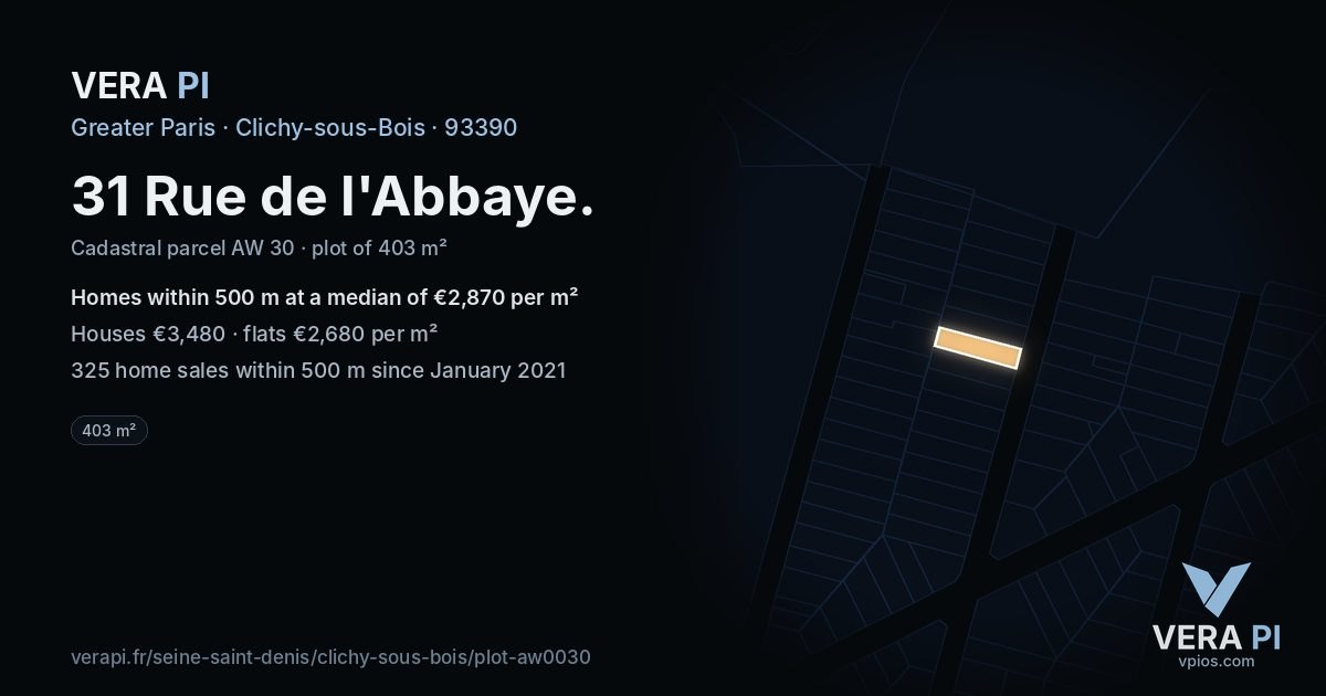 31 Rue de l'Abbaye, Clichy-sous-Bois at night – the plot lit, the parcels around coloured by the prices near them