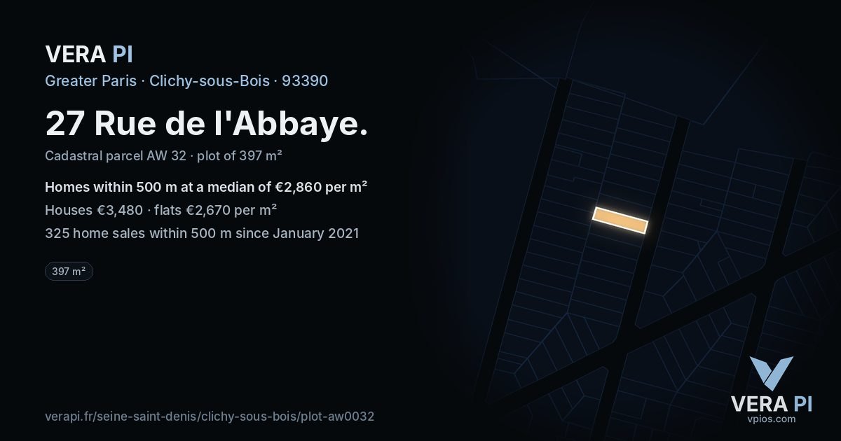 27 Rue de l'Abbaye, Clichy-sous-Bois at night – the plot lit, the parcels around coloured by the prices near them