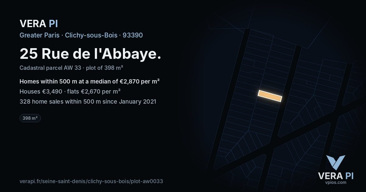 25 Rue de l'Abbaye, Clichy-sous-Bois at night – the plot lit, the parcels around coloured by the prices near them
