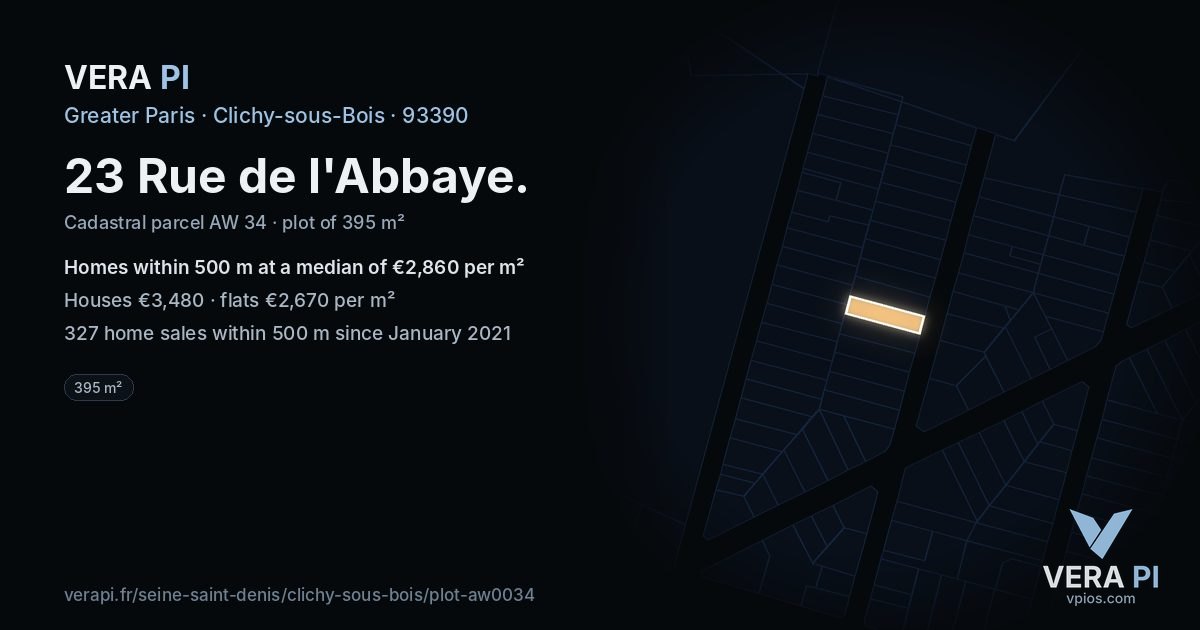 23 Rue de l'Abbaye, Clichy-sous-Bois at night – the plot lit, the parcels around coloured by the prices near them